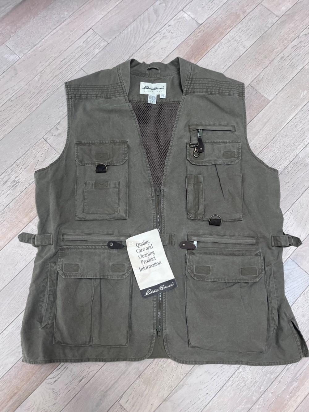 Vintage Eddie Bauer Mens L Olive Utility Vest Safari Fishing Hunting leather pul